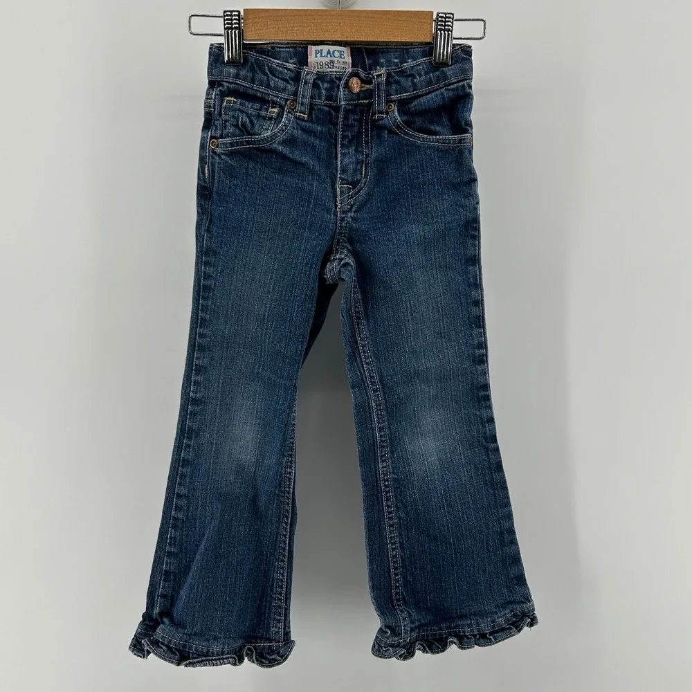 The Children's Place Girls 5T Ruffle Flare Stretch Jeans Blue Denim Dark Wash